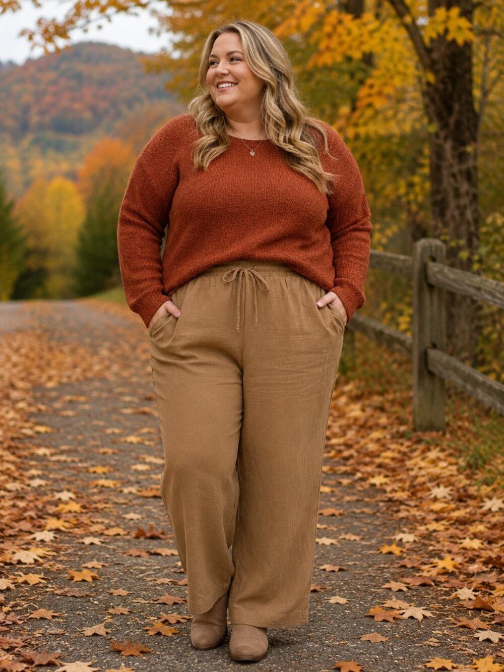 H & M Elastic Waist w/Drawstring 100% Linen Light Brown Straight Leg Pants XXL